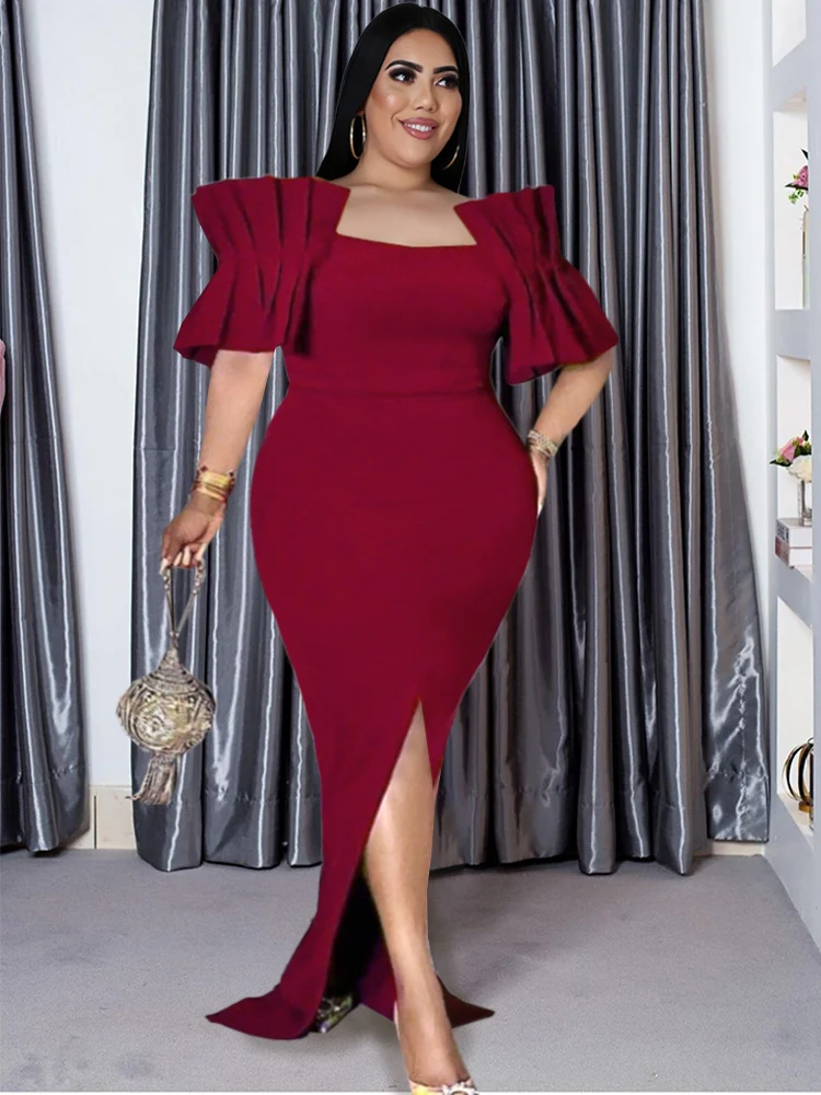 Plus Size 4XL Maxi Party Dresses Women 2023 Slit Ruffles Sexy Bodycon Off Shoulder Event Celebrate Female Package Hips African
