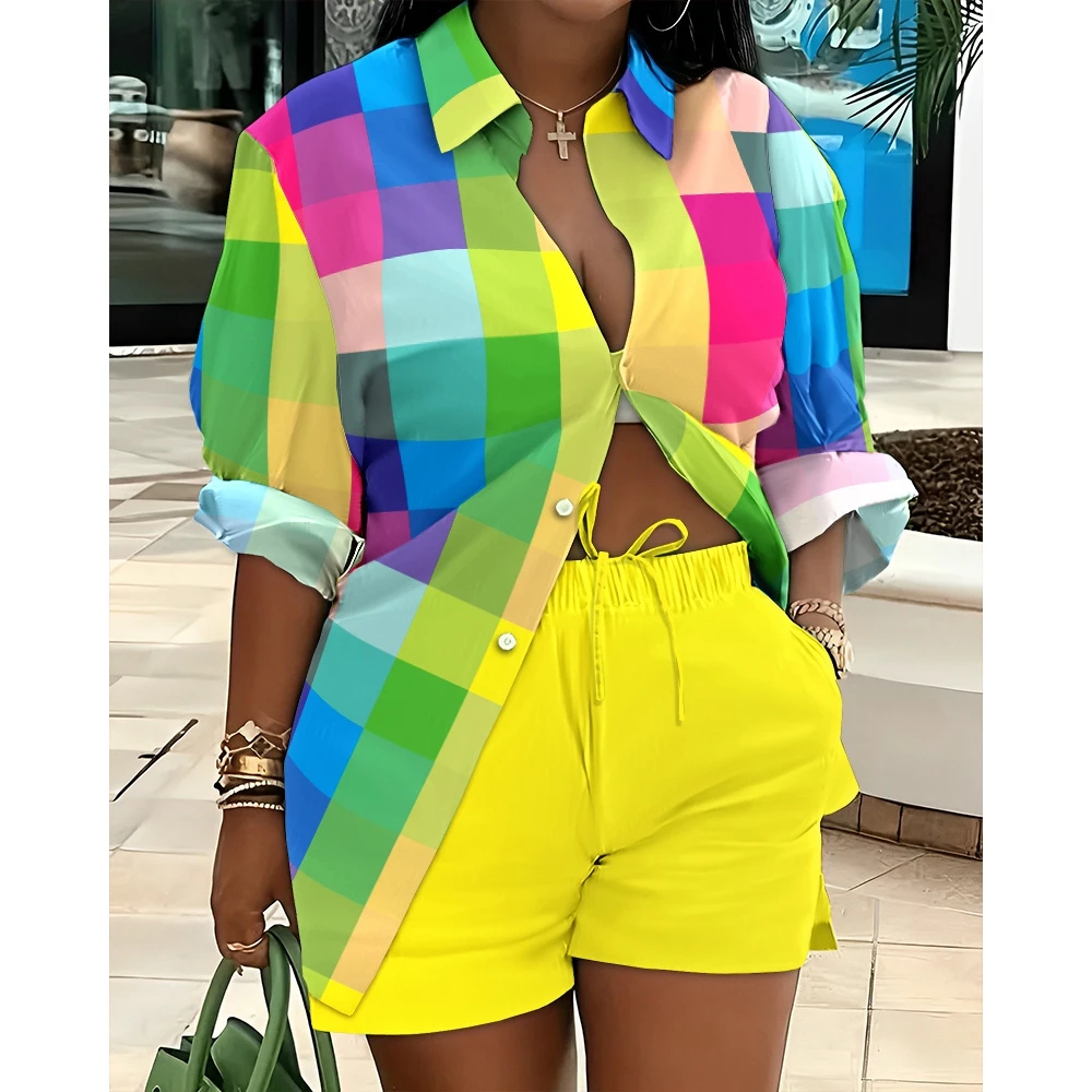 

Casual Two Piece Set for Women Plaid Long Sleeve Buttoned Shirt & Solid Short Sets Streetwear Y2k 2023 Summer Yellow Outfits