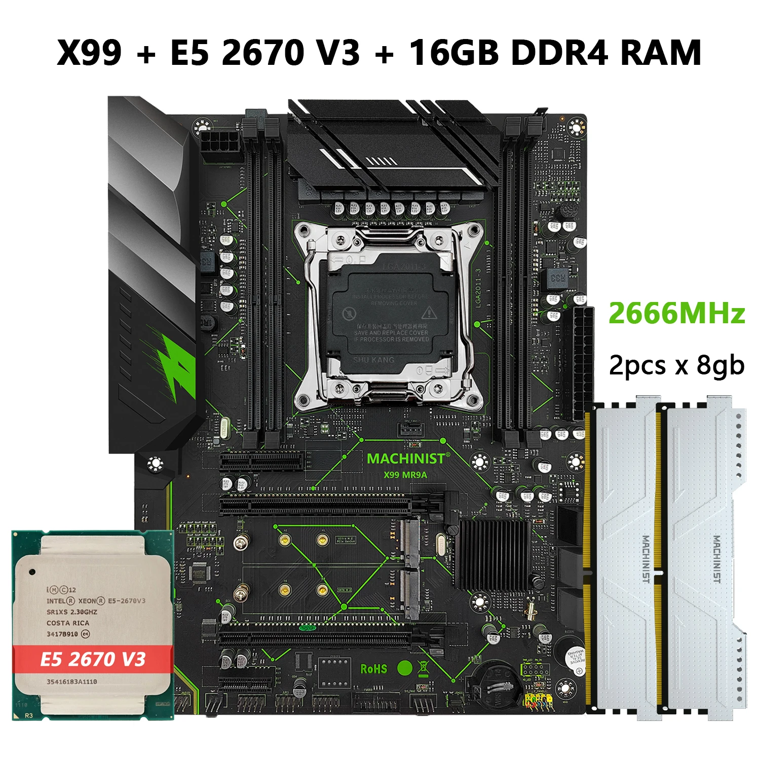 MACHINIST X99 Motherboard Combo Set Kit With LGA 2011-3 Xeon E5 2670 V3 CPU Processor DDR4 16GB RAM Memory X99 MR9A V2 ATX