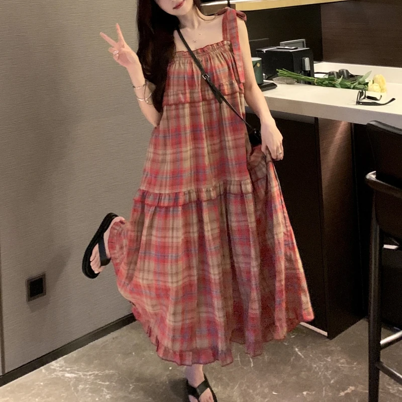 Женское винтажное платье в клетку Mori Girl красное повседневное свободное пляжное