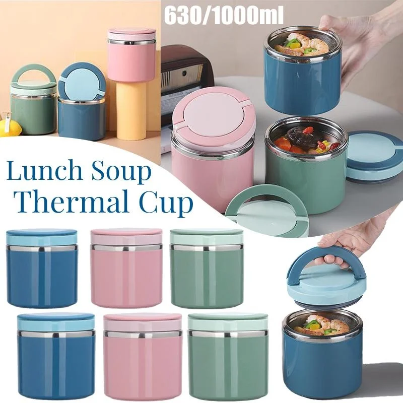 

630/1000ML Portable Stainless Steel Lunch Cup Food Thermal Insulated Soup Bento Box for Student Worker Office Camping Picnic