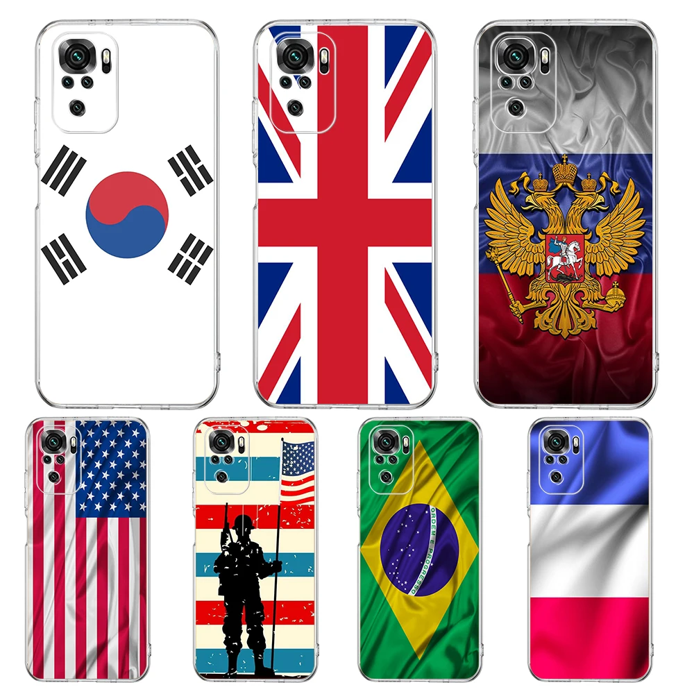 

National Flag RU FR UK Transparent Phone Case for Redmi Note 11 11T 10S 8A 9A 9C 7 8 9 10 K40 Plus Pro 4G Soft Cover Shell Coque