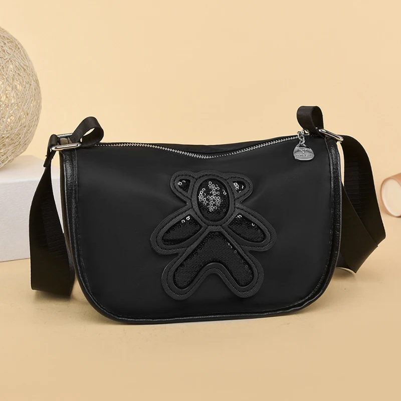 

Сумки на плечо с мультяшным медведем, женские Хобо, черные кошельки через плечо и сумки из ткани Оксфорд, Женская дорожная уличная сумка, тре...