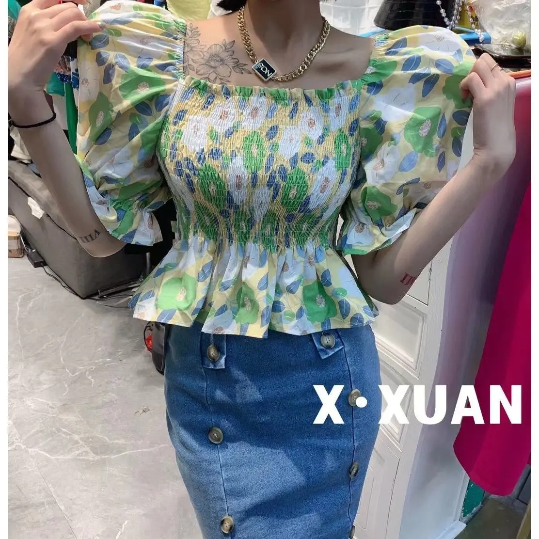 

Korea Sweet Summer Women Floral Print Puff Sleeve Blouse 2022 Elastic Chiffon Ruched Square Neck Gentle T-shirt