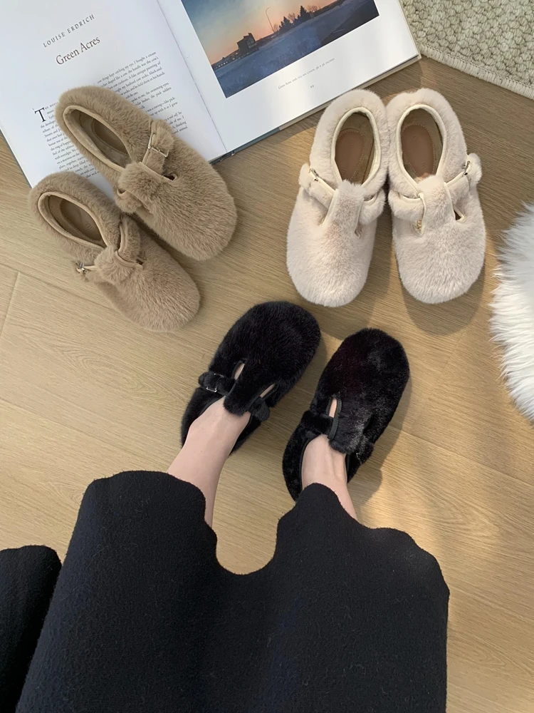 

Slip On Shoes For Women Shallow Mouth Casual Female Sneakers Flats Metal Chain Loafers Fur Round Toe Slip-on Dress Buckle Winter