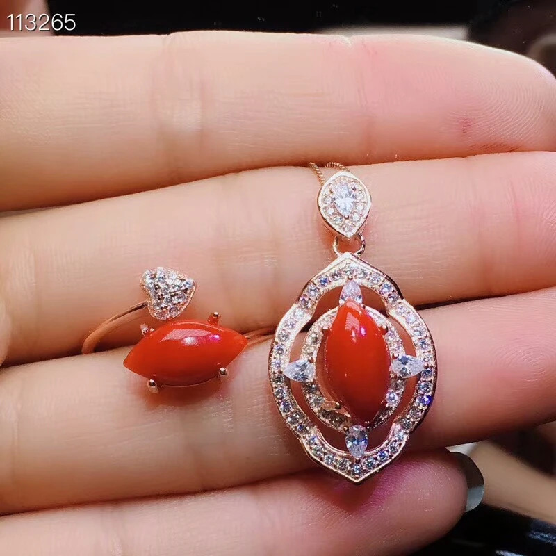 

MeiBaPJ Natural Red Coral Jewelry Set 925 Sterling Silver Ring Pendant Necklace 2 Piece Suits Fine Wedding Jewelry for Women