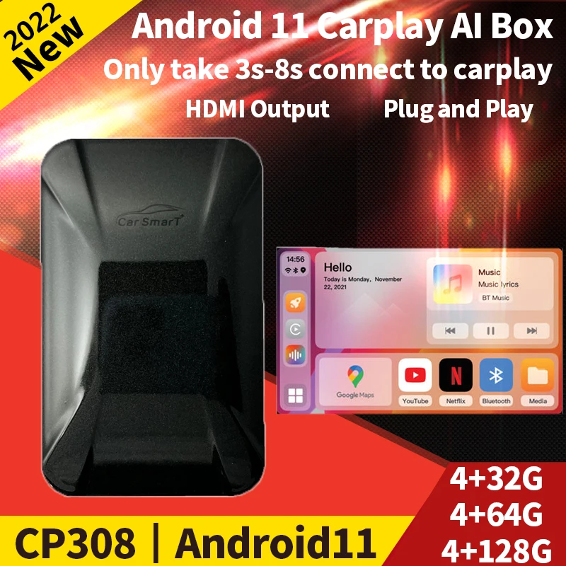 Carplay Ai Box Android 11 Беспроводной Автомобильный мультимедийный плеер 4 + 128G навигация
