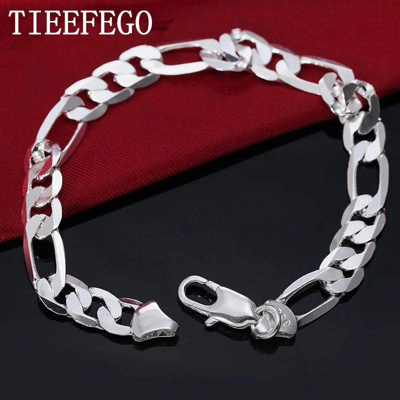 

TIEEFEGO 8 Inch 925 Sterling Silver 8MM Gold/Silver Full Side Figaro Chain Bracelet For Woman Man Fashion Wedding Jewelry Gift