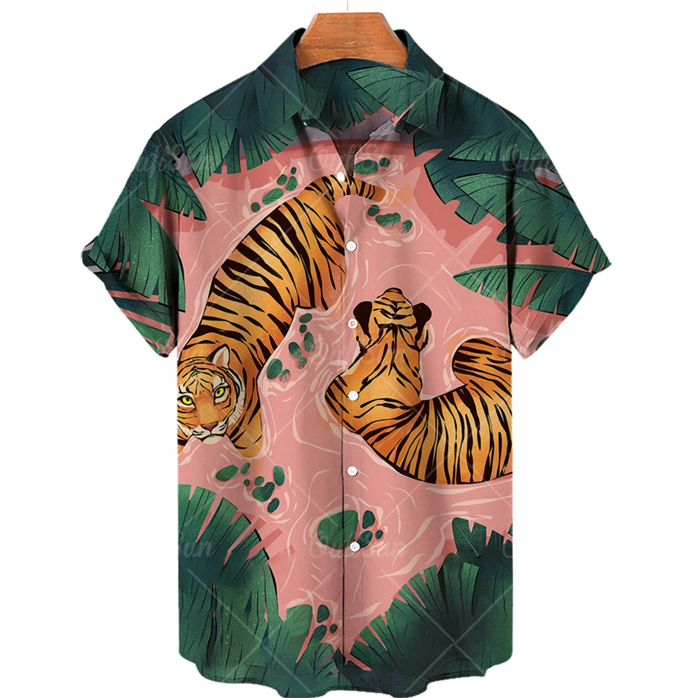 2022 Short sleeve men's Hawaiian shirt tiger print Chinese cardigan plus size summer wear