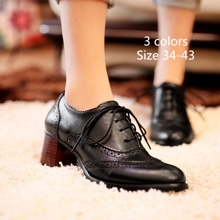 

Spring new style British Retro Oxford Shoes Women Pointed Toe Casual Thick sole Medium Heel Leather Shoes Woman Lace Up Flats 43