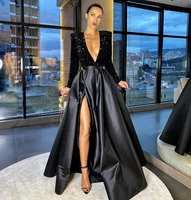 two pieces prom dresses long sleeves deep v neck sexy black evening dress sequins tops satin slit skirt celebrity