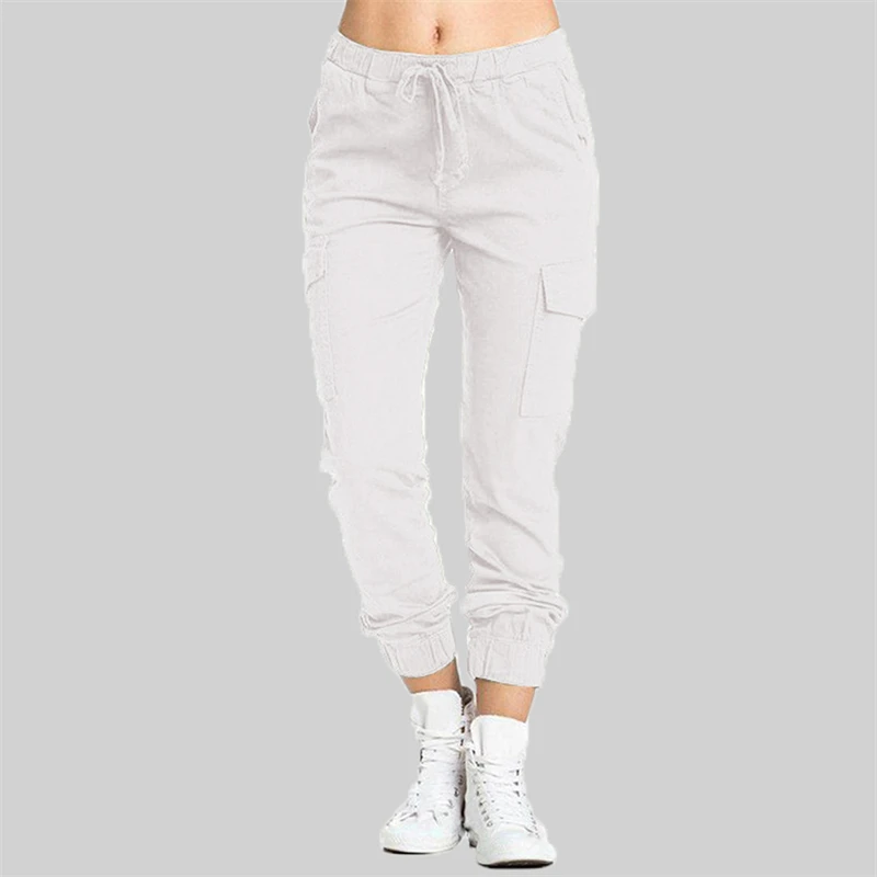 

New Solid Jogger Women's Cargo Pants Multi-Pocket Drawstring Elastic Waist Women Sports Pants Streetwear Casual Long Pant