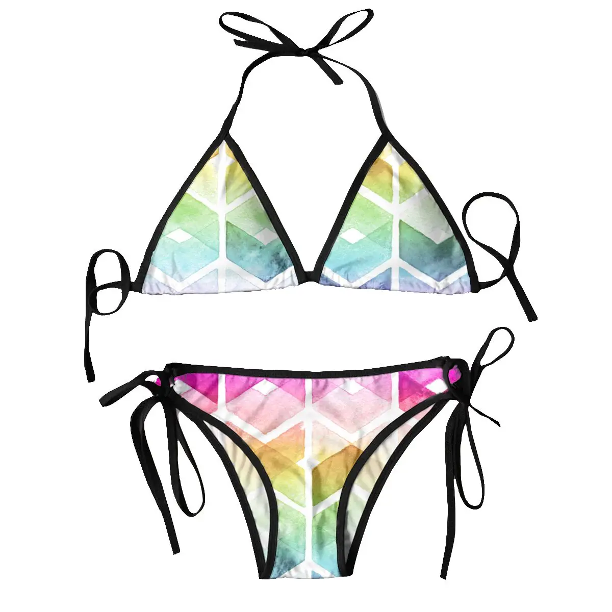 

Sexy Brazilian Thong Bikini Mujer Swimwear Women 2023 Watercolor Chevron Rainbow Summer Beachwear