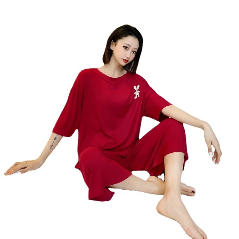 Cotton Pajamas Women Loose Short Sleeve Tops+ Wide Leg Pants 2 Piece Sets Womens Outfits Plus Size Suit Outwear Thin