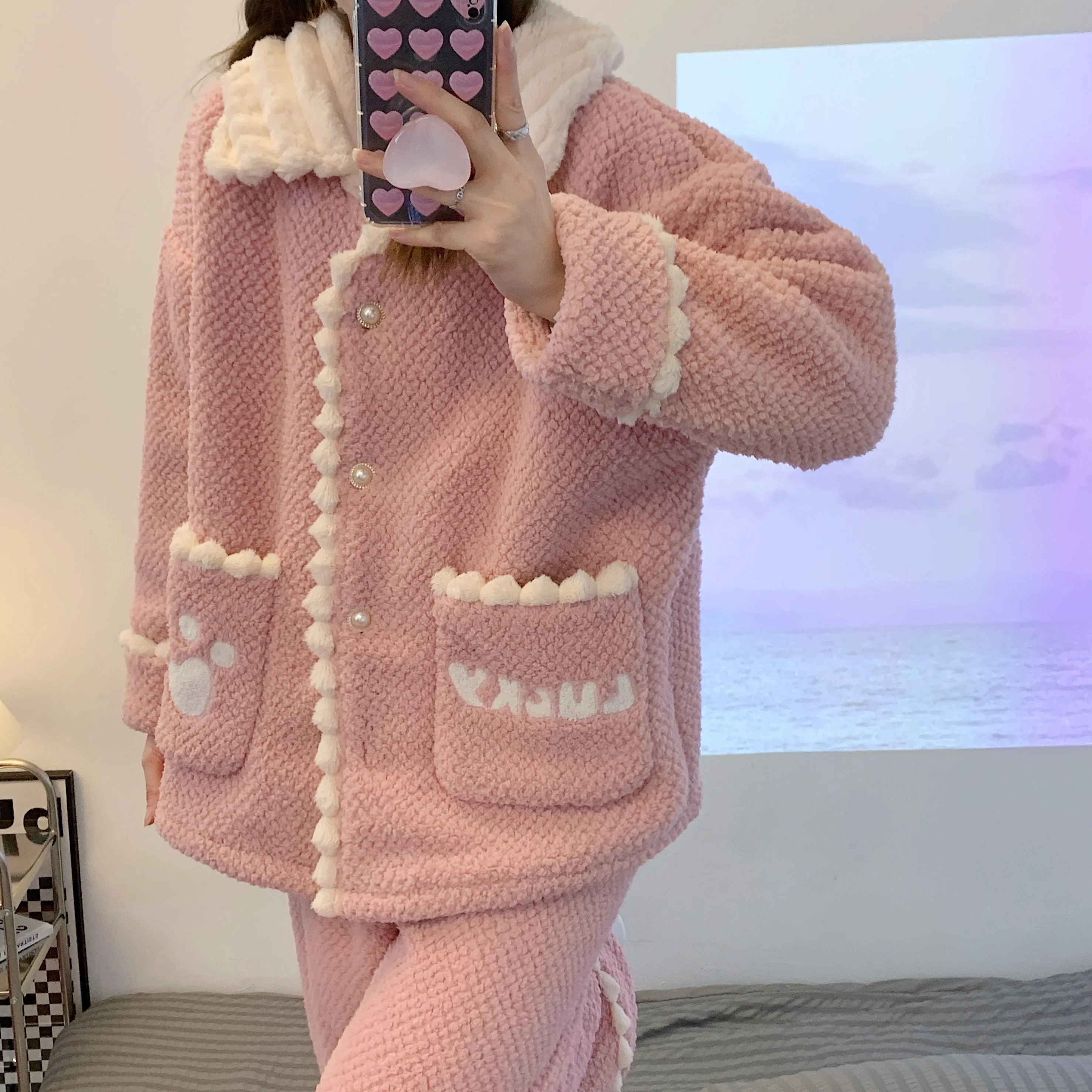 Winter Women Thicken Pajamas Suit Cute Solid Color Warm Sleep Wear Pink Clothes Set