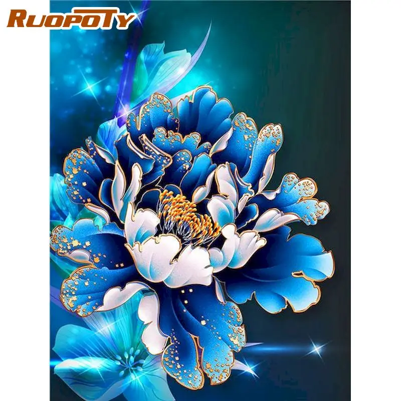 

RUOPOTY Pictures By Number Blue Flower Kits Home Decoration Coloring Paint By Number Flowers HandPainted Art Gift