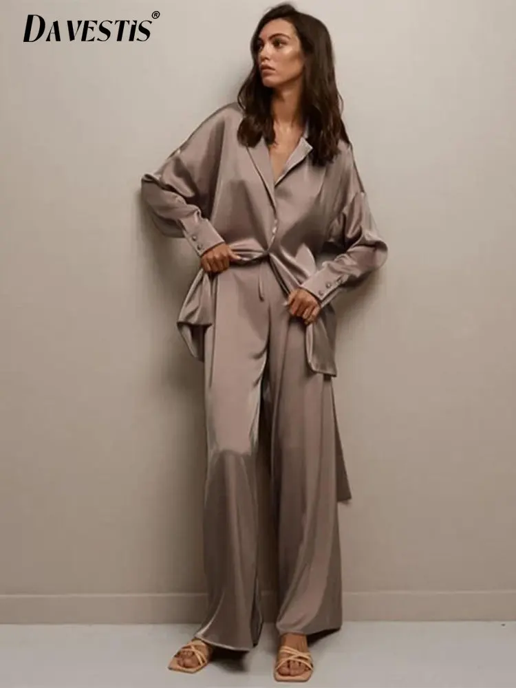 

Женский костюм из двух предметов, атласная рубашка из вискозы с длинным рукавом и воротником-стойкой, брюки, комплект из двух предметов для весны 2023