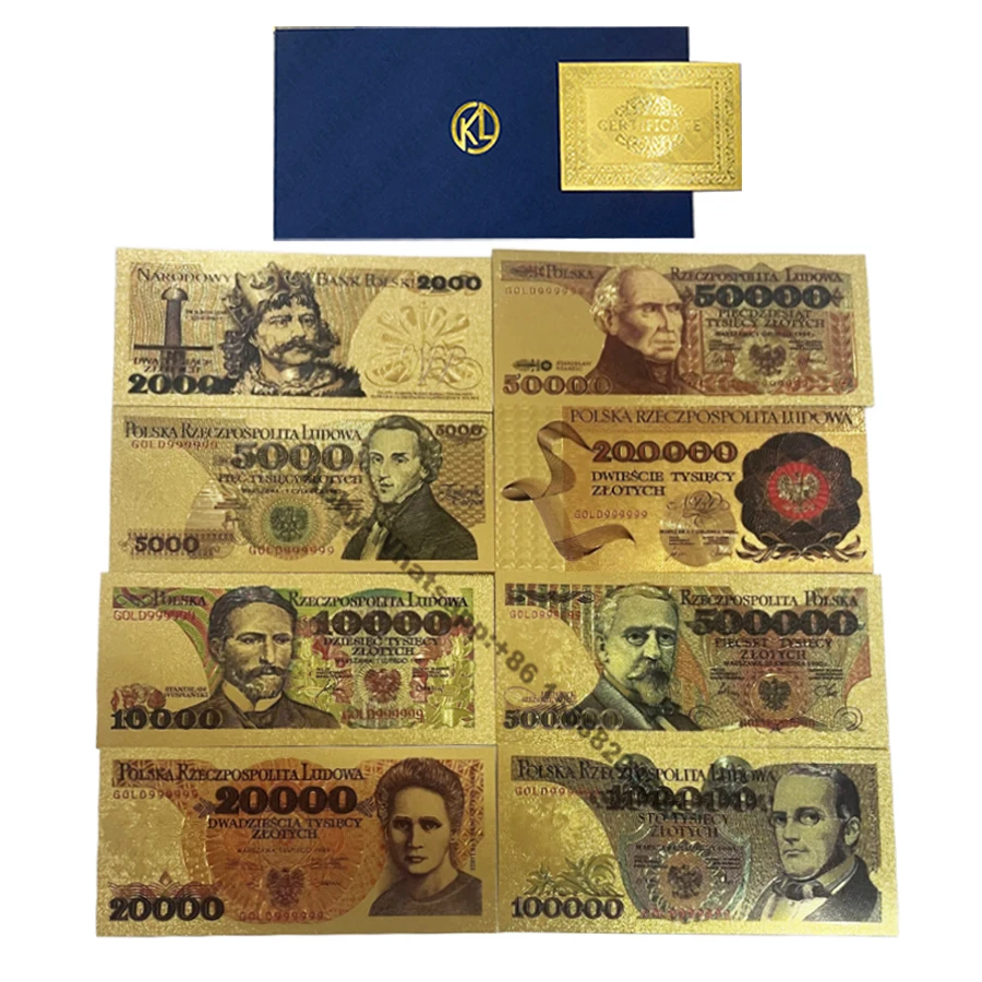 8 видов конструкций Золотые банкноты в Польше 2000 5000 10000 20000 50000 100000 200000 500000 злотых для коллекции партриотизма