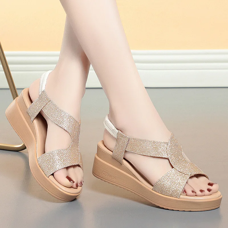 Rhinestones Women Bling Sandals Wedge New Fashion Roman Hollow Large Sizes Sandals Women Women's Summer Female Sandals