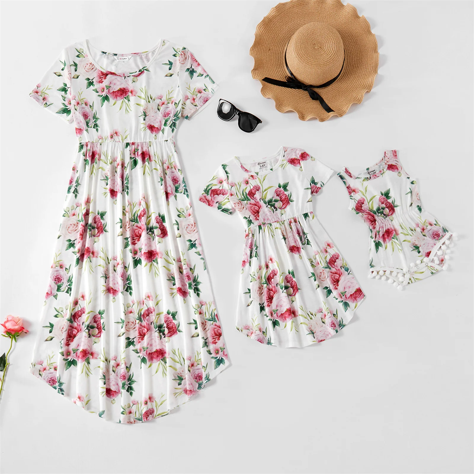 

PatPat Summer Floral Print Short-sleeve Matching White Midi Dresses Mommy and Me Mother and Children's Clothing Casual Dress
