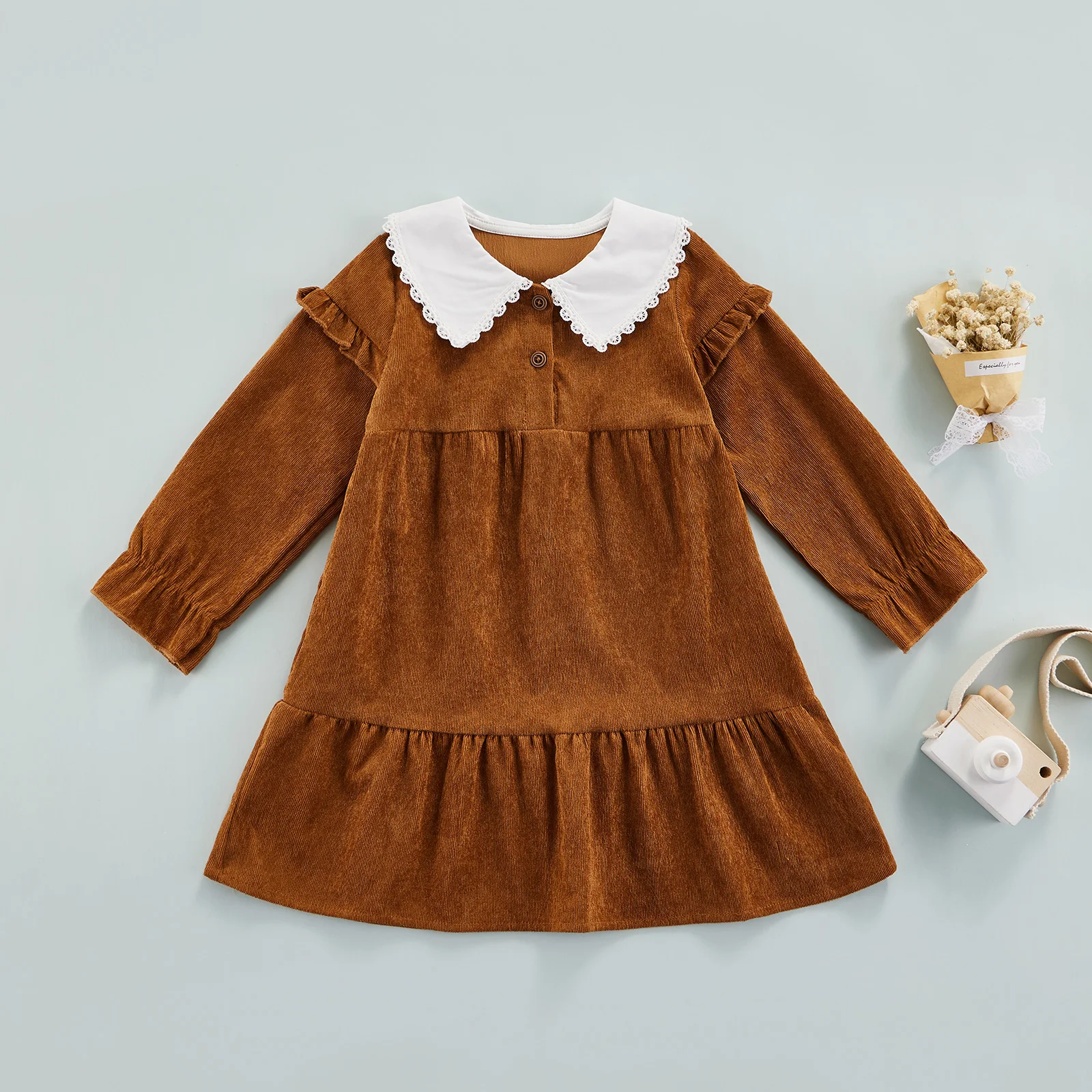 

2-7 years Girls' Casual Dresses Doll Lapel Design Neckline Buttons Ruffled Hem Loose Corduroy Dress
