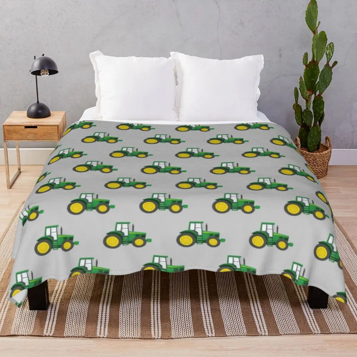 Green Tractors On Grey Farm Blanket Velvet All Season Ultra-Soft Throw Blankets for Bedding Home Couch Travel Office