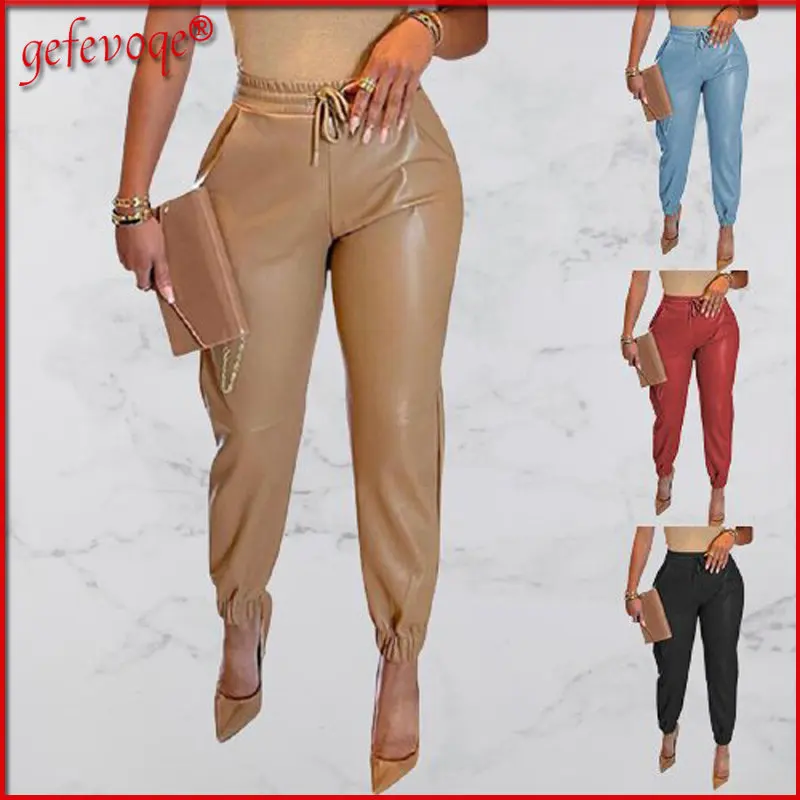 

Spring Summer Fashion Women 2022 Vintage Elegant Slim Faux Leather Pants Solid High Waist Pockets Drawstring Female Trousers 3XL