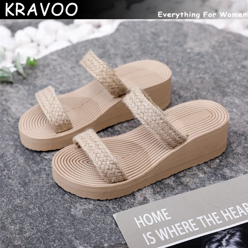 

KRAVOO Braided Linen Peep Toe Shoes for Women Ethnic Platform Wedges Slippers Women's Sandals Ladies Outdoor Beach Slides Summer