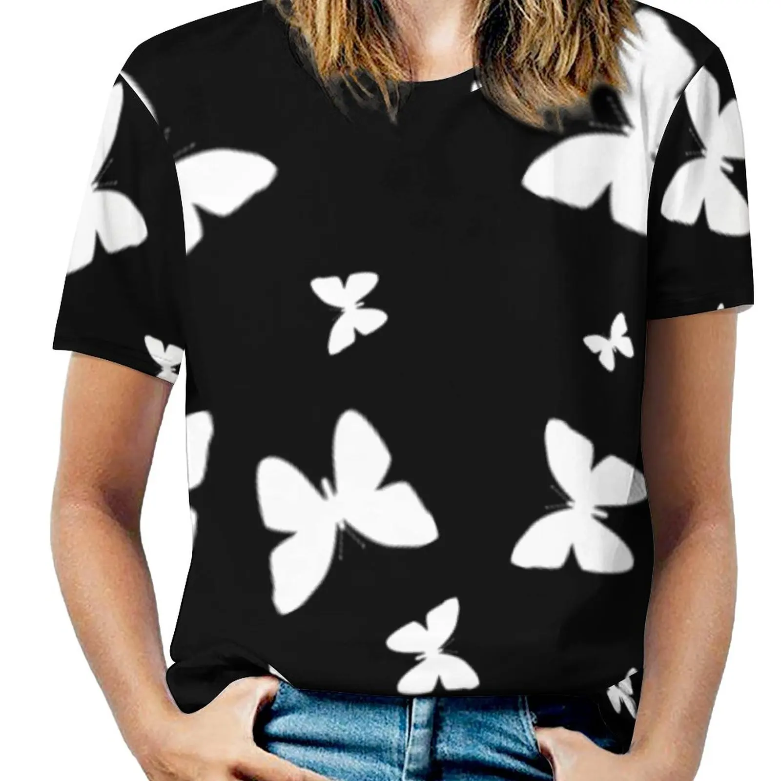 

Женская футболка с круглым вырезом, коротким рукавом и принтом бабочек