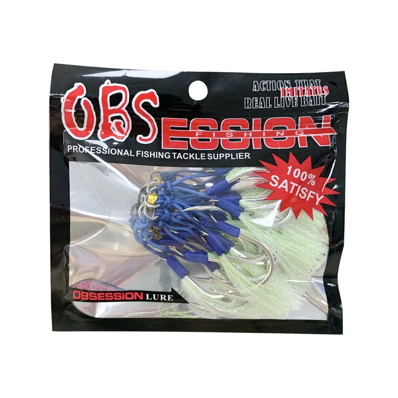 OBSESSION 10pair Twin Assist Hook Barbed Carbon Steel Double Pike Glow Fishhook For Slow Jig Artificial Bait Sea Fishing Hooks