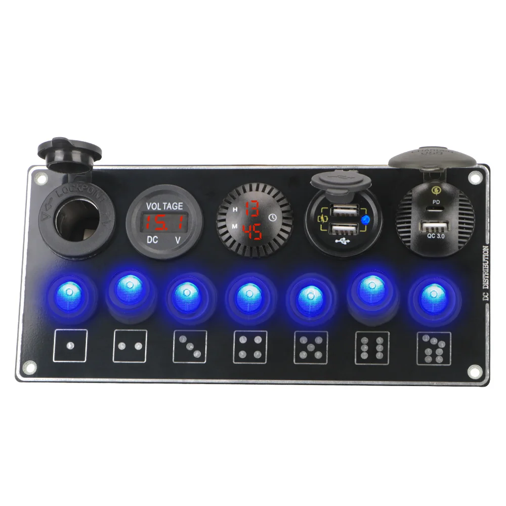 

For Truck Boat RV 7 Gang ON-Off Rocker Toggle Car Switch Panel Dual USB Socket Charger QC3.0 & PD Quick Charge