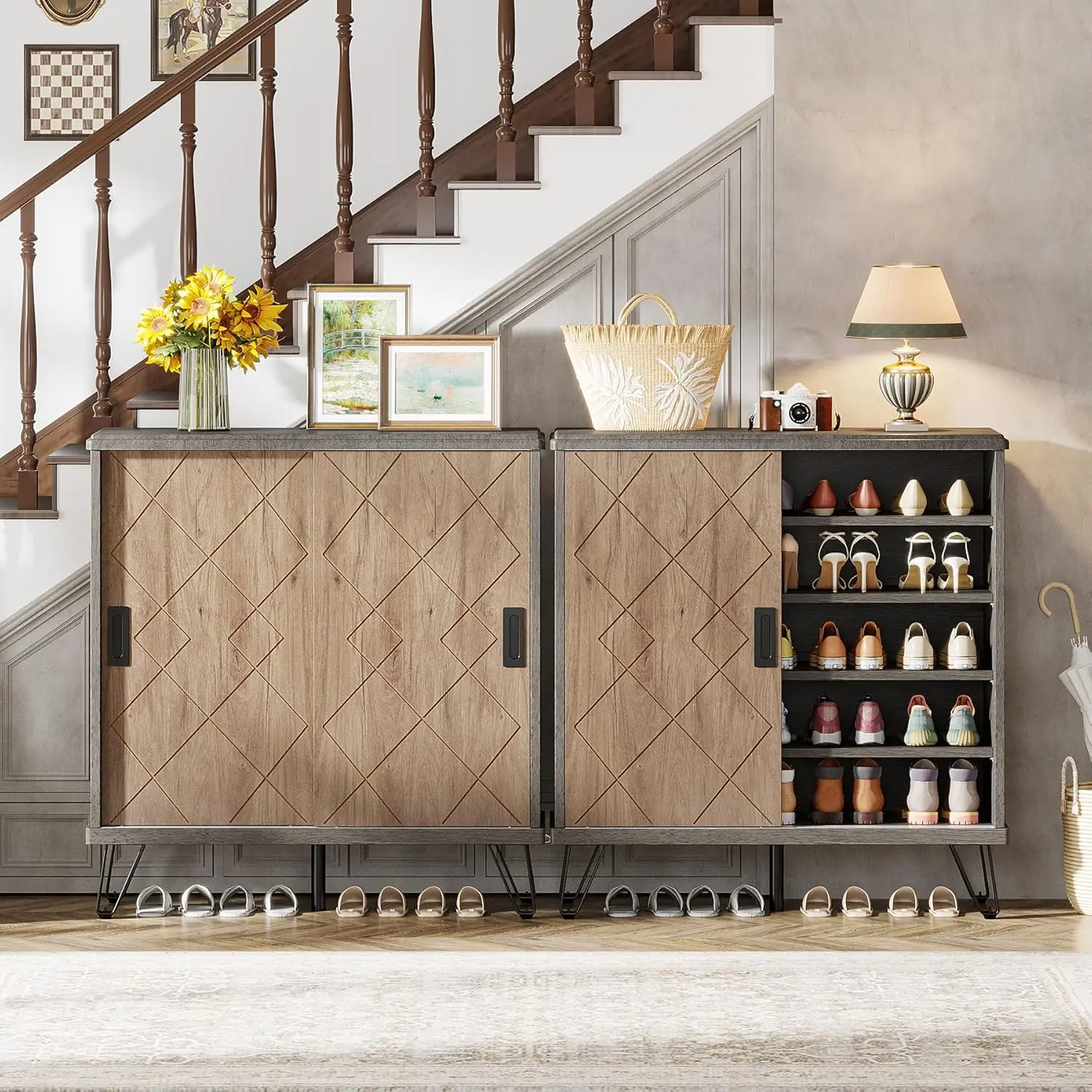 Шкаф для обуви с раздвижными дверцами 5-ярусный деревянный шкаф-органайзер