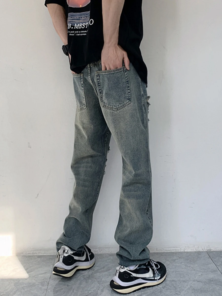 Four Seasons Men's Wear Vibe American High Street Ripped Jeans Hip Hop Loose Straight Trousers Fashion Streetwear Ins Hot Sale