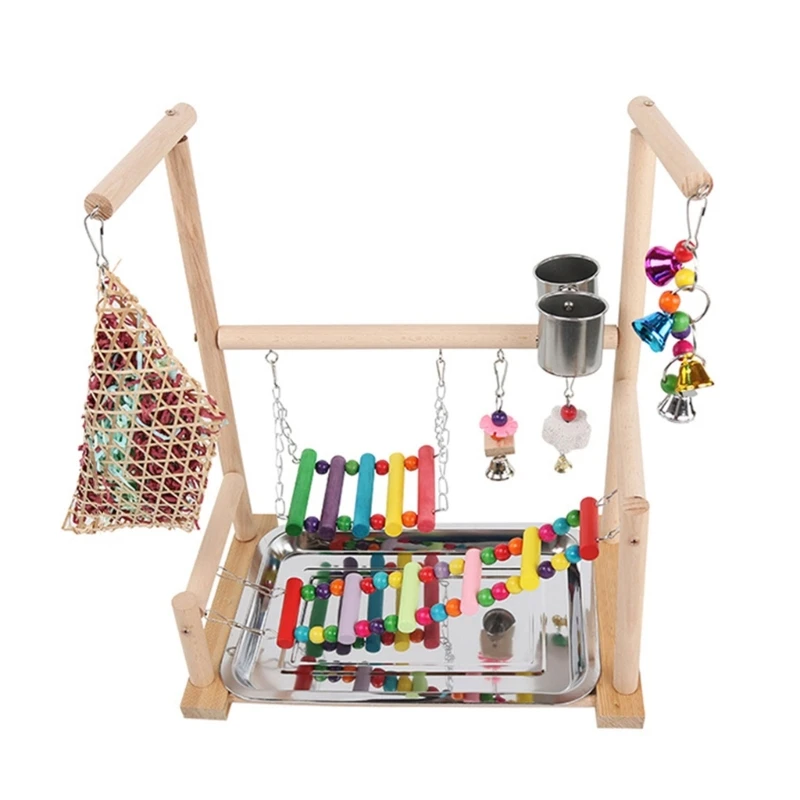 

Bird Perch Stand Parrot Playground with Stainless Steel Tray Feeding Cups Ladder Swings Shredder Bell Chew Toy for Birds
