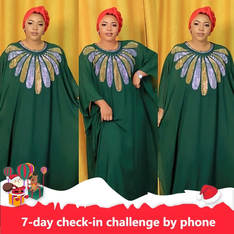 

African Style Dress for Women 2023 African Elegant 3/4 Sleeve Polyester Summer O-neck Green Blue Long Dress African Clothing