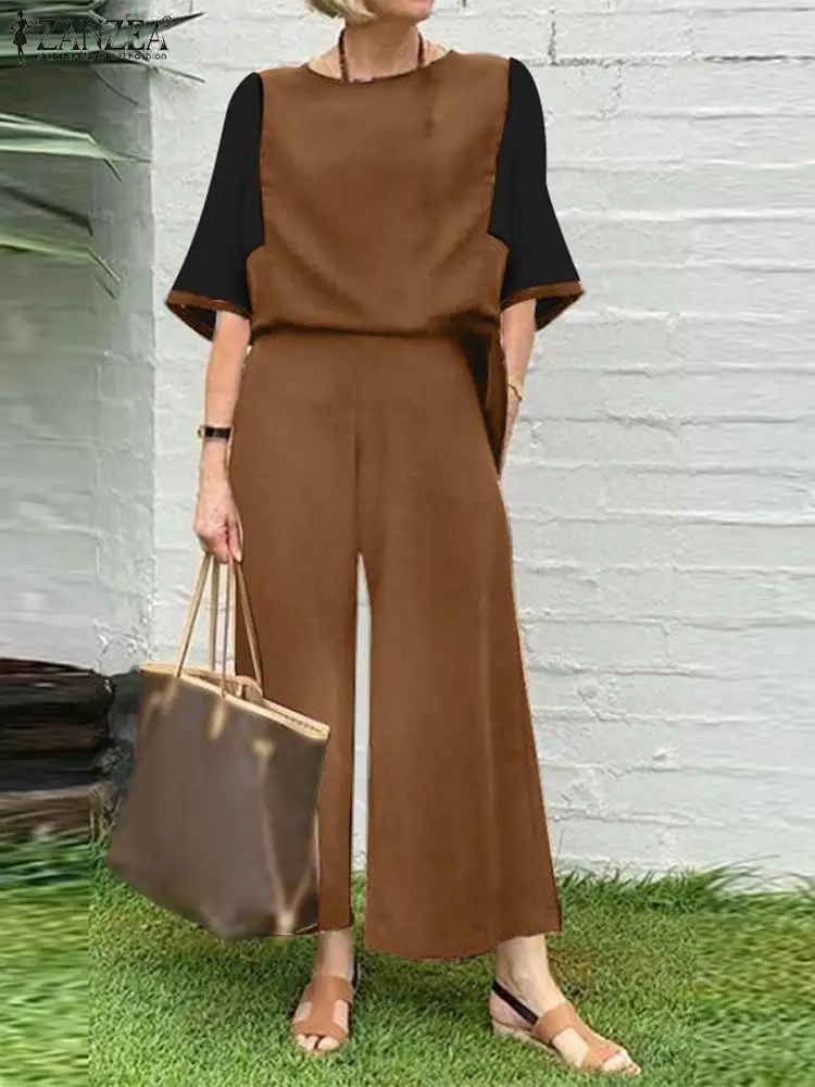 

Костюм спортивный ZANZEA женский в богемном стиле, винтажный комплект из 2 предметов, свободная блузка с круглым вырезом и рукавом 3/4, брючный к...