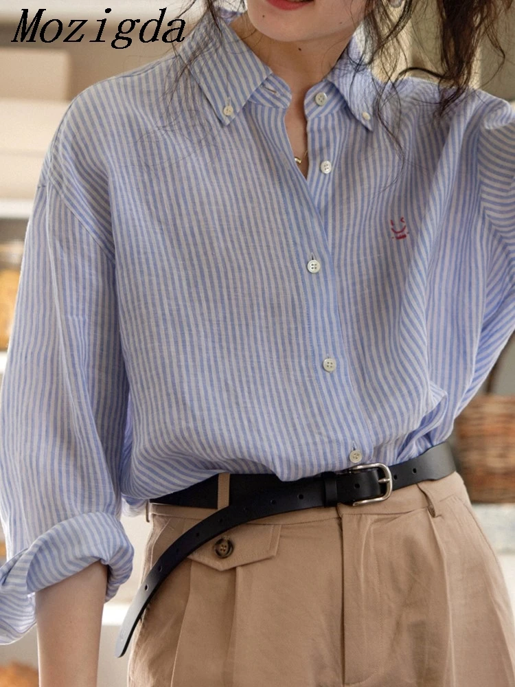 Льняная полосатая рубашка в ленивом стиле с вышивкой смайлика и длинными