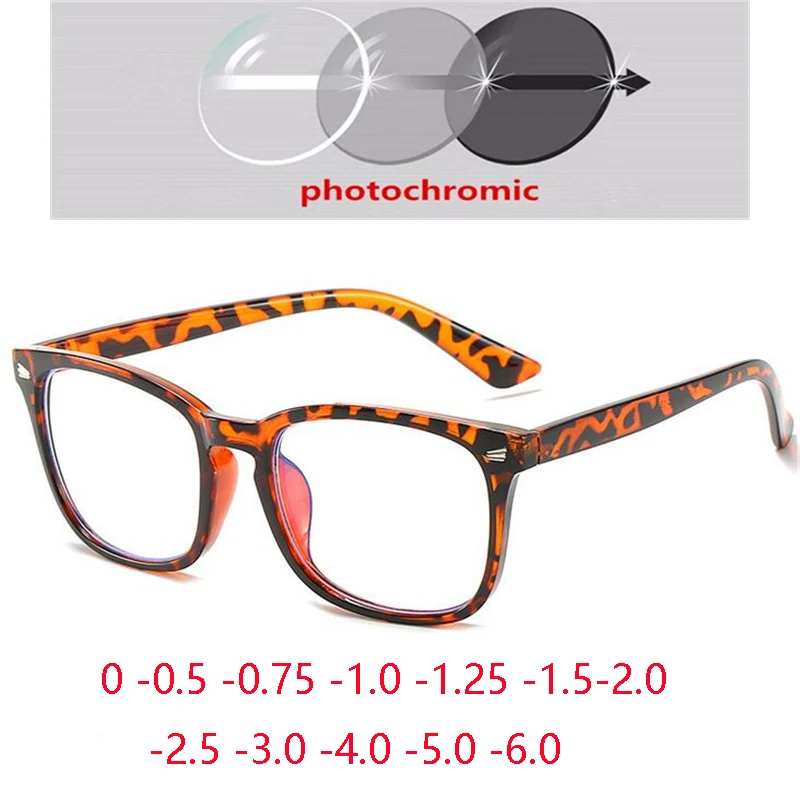 

Women Men Sun Photochromic Gray Square Diopter Glasses 0 -0.5 -0.75 To -6.0 Vintage Computer Anti Blue Rays Short-sight Eyewear