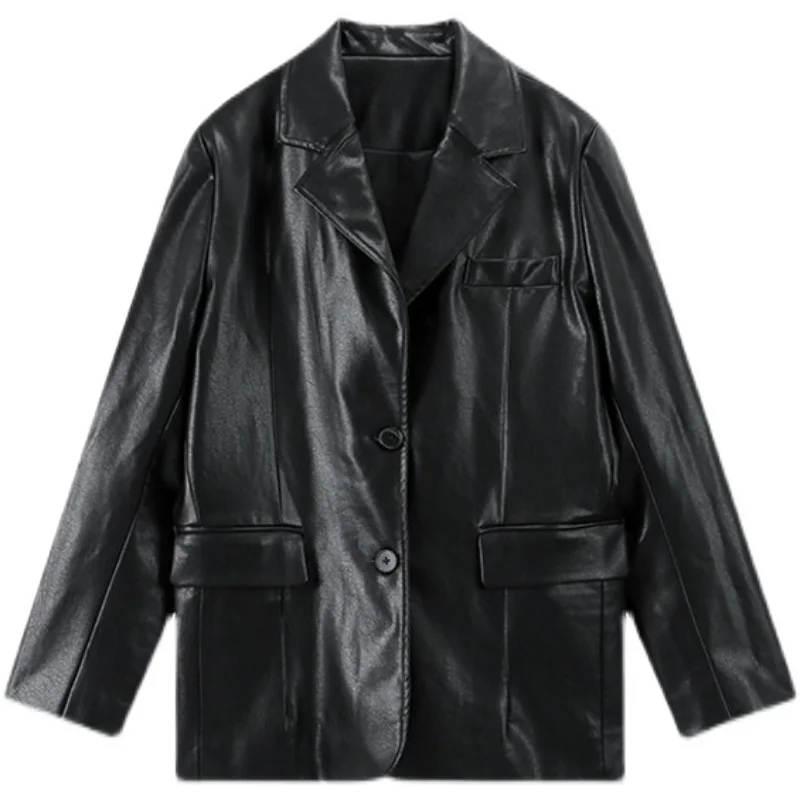 Black Suit, Leather Coat, Female Senior, Autumn  Winter, Medium  Long Style, Fashionable Motorcycle Coat, Female Cool Formal