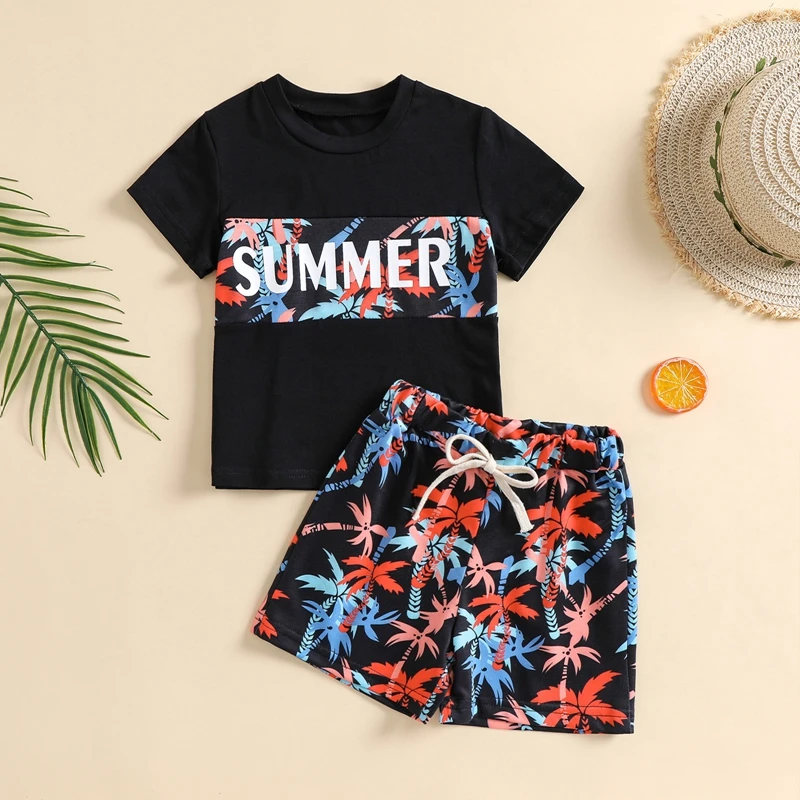 

2pcs Little Boys Outfit Summer Toddlers Round Collar Short Sleeve Letter Tops + Coconut Tree Printing Shorts Set