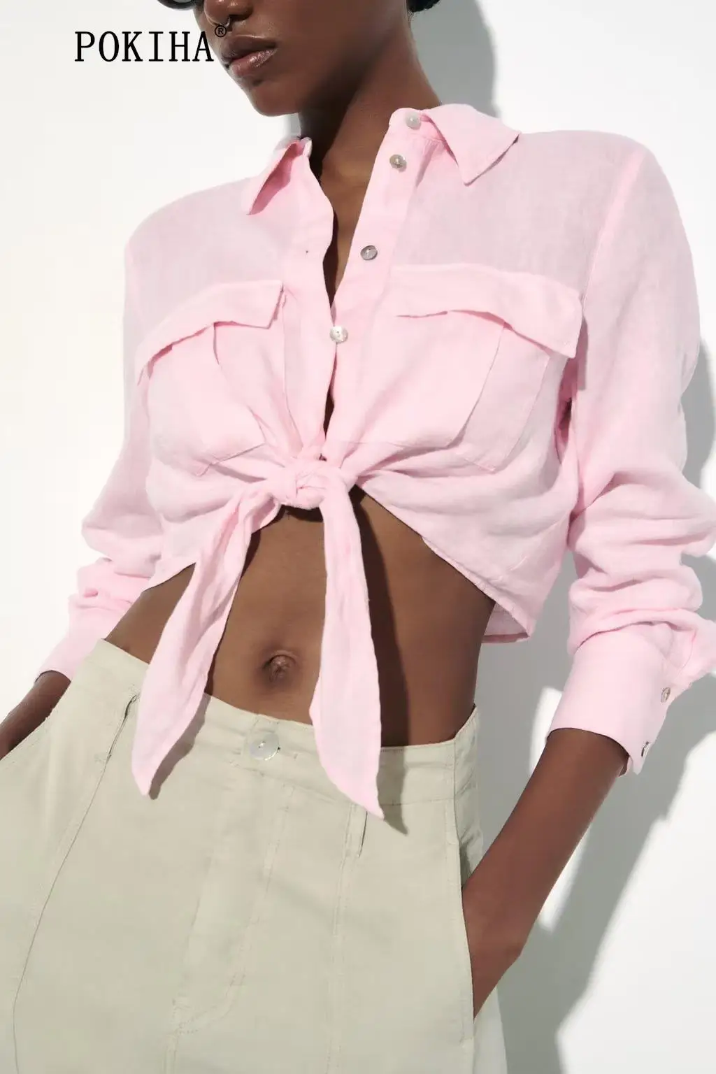 

Pokiha 2023 Fashion Women With Tied Lapel Collar Casual Cropped Long Sleeve Blouses Side Pockets Female Shirts Blusas Chic Tops