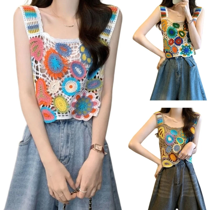 Женский полый вязаный укороченный топ на бретельках жилет без рукавов камзол