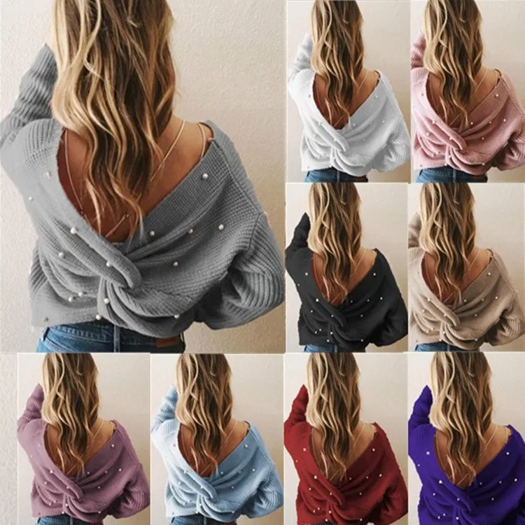 

Off shoulder V-neck pearl back twisted casual sweater pullover women