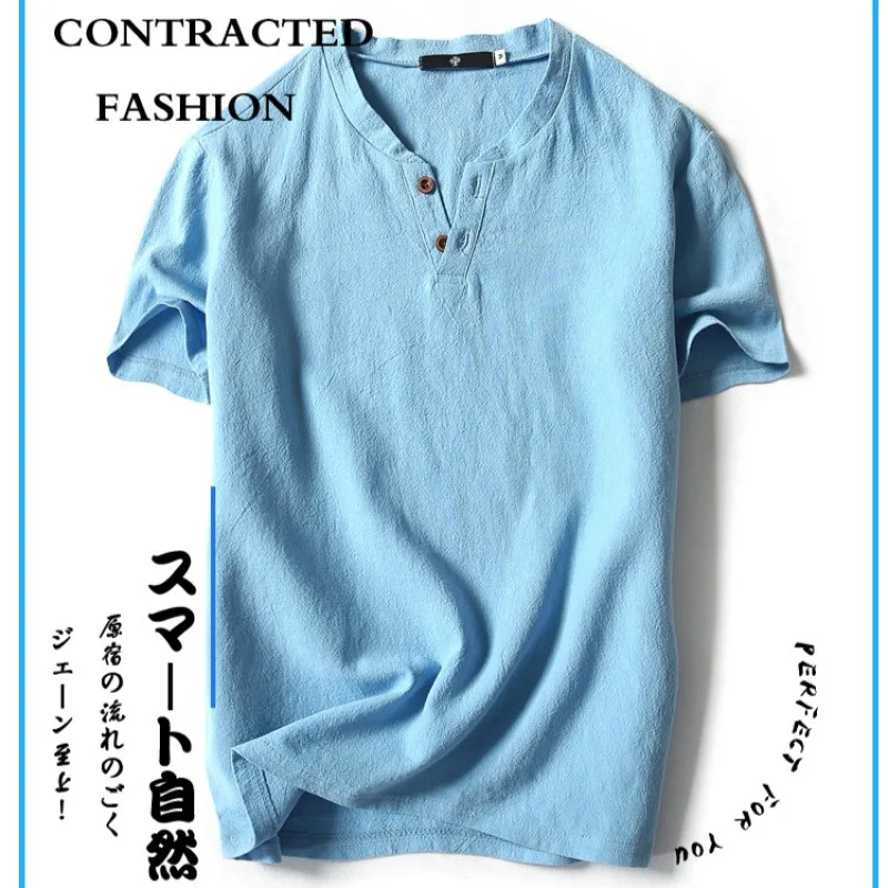 

Chic Men's Japanese Linen Short Sleeve TShirt for Spring