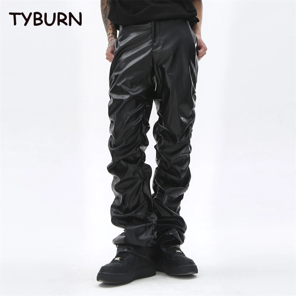 

TYBURN Four Seasons Black Punk PU Leather Shiny Pleated Leather Pants Men's Hip Hop Relaxed Casual Pants