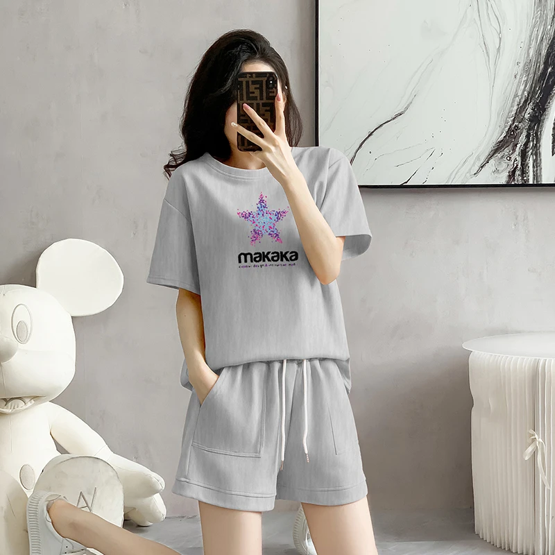 

Women's Fashion Suit Summer New Short Sleeve Top Korean Clothing Casual Sportswear Printing T-shirts Short Pants Two Piece Set