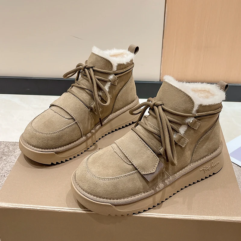 

Зимние женские утолщенные теплые плюшевые сапоги до щиколотки, новинка 2024new, Женская удобная повседневная обувь на плоской подошве с мехом, Нескользящие сапоги на толстой подошве