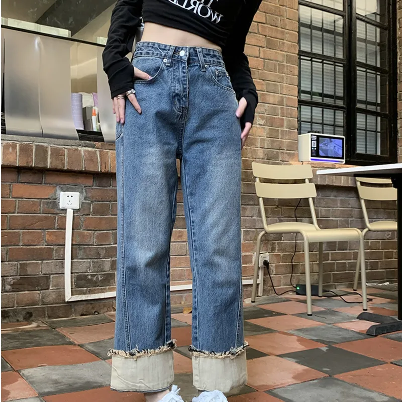 Vintage Jeans Woman Y2k Women's Pants Female Clothing Streetwear Korean Fashion Denim Straight Leg Jeans Woman High Waist Blue