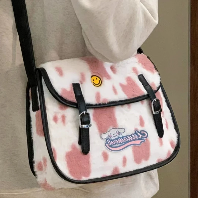 

MBTI Womens Cute Large Capacity Shoulder Bag Kawaii Dog Pink Embroidery Plush Fluffy Soft Satchels Lady All-match Messenger Bag