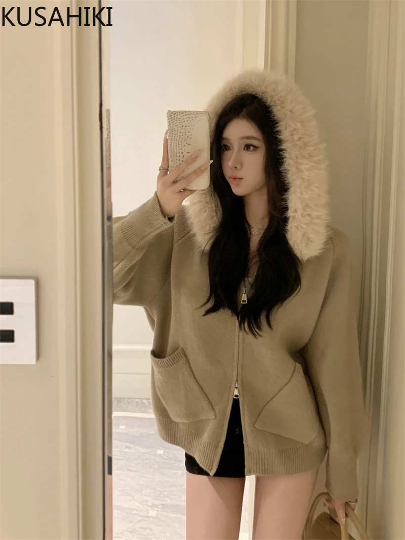 KUSAHIKI меховой свитер с капюшоном для женщин осень-зима вязаный кардиган двойной
